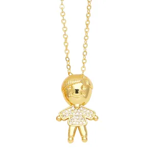 Cute cartoon boy pendant necklace in gold finish with sparkling white zircon stones