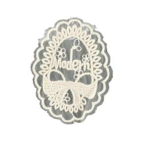 Skull shaped embroidery lace patch with floral border and Modern text on white mesh