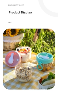 Portable oatmeal yogurt breakfast cup with lid and foldable spoon in picnic setting