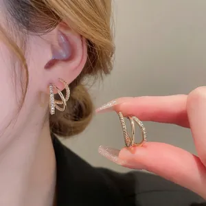 Multi Layer C Shape Hoop Earrings With Silver Earring Post Gold Plated Zirconia Twisted Elegant Jewelry For Women