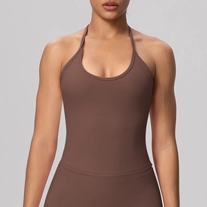Detail of dark brown halter neck sports bodysuit in high-elasticity matte fabric