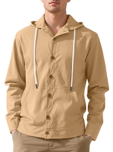Detail of khaki linen hooded shirt featuring a button placket and adjustable drawstring