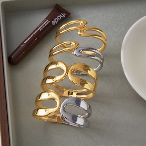 Minimalist 18K gold and silver double layered spring open cuff bracelet in stainless steel