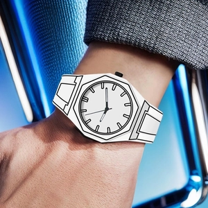 Minimalist white 2D anime style quartz watch with bold black lines and octagonal bezel