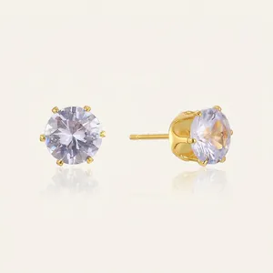 Boucles D'oreilles Puces Élégantes Plaquées Or 18K Cuivre Base Couronne Zircon Rond Cristal Femmes Bijoux Raffinés