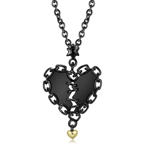 Gothic S925 silver necklace featuring a black hollow heart pendant with golden accent