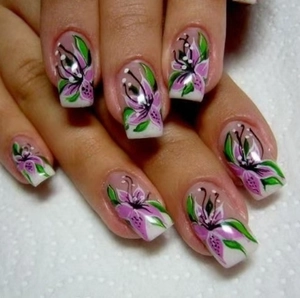 Press On Nails Lila Lilie Blume Französische Spitze Kurz Quadratisch Künstliche Falsche Nägel Elegant Floral Für Frauen
