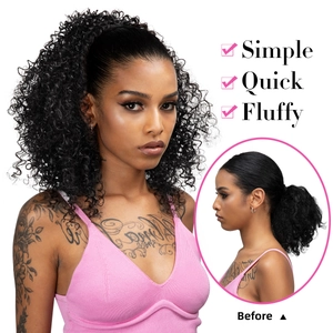 Afro kinky curly ponytail extension for women before and after wearing comparison