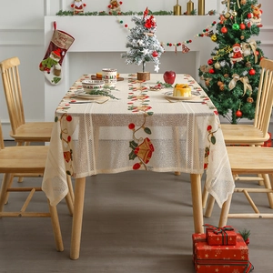 Christmas tablecloth with red berry and bell embroidery for holiday dining decor
