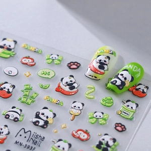 Adhesive panda nail stickers with bamboo and apple patterns for manicure decoration