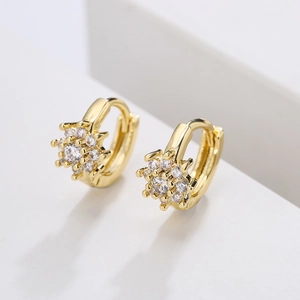 Luxurious 18K gold-plated hoop earrings with sparkling flower zircon design on a white stand