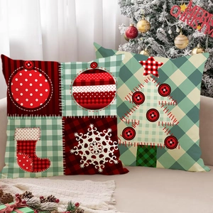 Linen Christmas tree and stripe pattern pillow covers for festive sofa decor