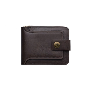 Men's short retro leather wallet with zipper and snap button card holder for daily use.