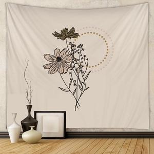 Minimalist black line plant art tapestry with floral pattern on beige fabric wall decor