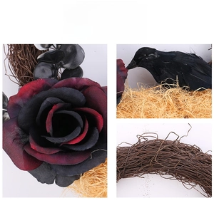 Macro view of gothic velvet roses and black crow on a Halloween branch wreath