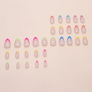 Colorful macaron French almond press-on nails with multi-color tips on nude base