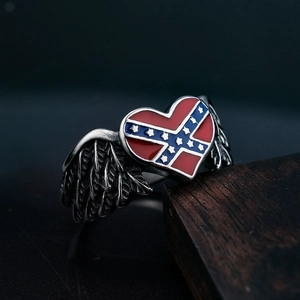 Heart Wing Ring Stainless Steel Enamel Flag Pattern Polished Retro Punk Jewelry For Men Women
