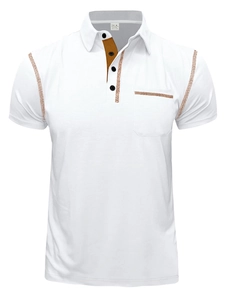 Detailed view of white polo shirt with contrasting brown stitching and chest pocket
