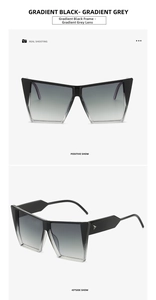 Detail of oversized square cat-eye sunglasses with gradient lenses and triangle rivets