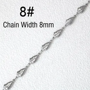 Macro detail of 8mm wide silver stainless steel chain with leaf-shaped DIY links