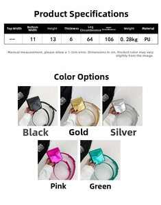 Size chart for the mini PU leather leg bag showing dimensions weight and material details