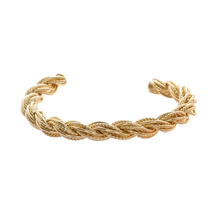 Minimalist gold twisted cable open cuff bracelet with metallic textured weave finish