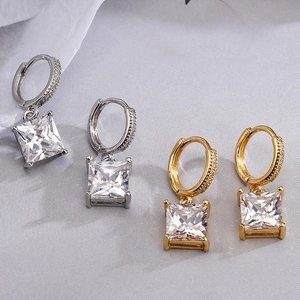 Minimalist Square Zircon Dangle Earrings Copper Gold Plated Princess Cut Huggie Hoop For Women Light Luxury Fashion