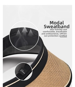 Detail of breathable UPF50+ modal sweatband on khaki straw sun hat for women