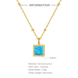 Detail showing 8x8mm square turquoise pendant on a 925 sterling silver beaded chain