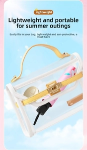 Lightweight transparent PVC handbag with yellow handles storing a floral folding umbrella