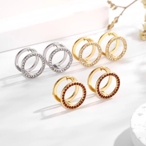 Geometric hollow round zircon earrings in silver and gold steel for women