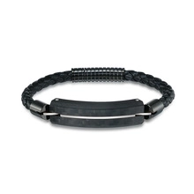 Close-up of men's braided black leather bracelet with hollow black metal plate charm