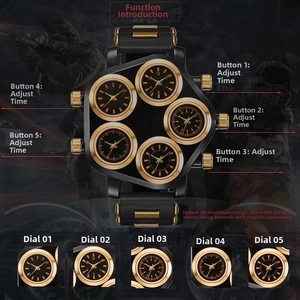 Macro view of hip hop watch showing five time zones and functional adjustment buttons