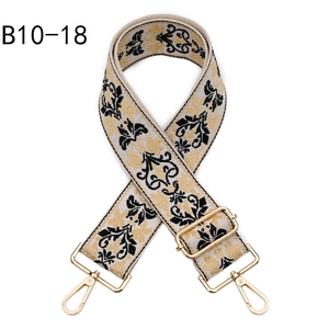 Close-up of ethnic jacquard purse strap with gold hardware and embroidery