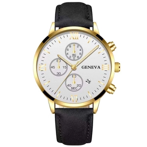 Detail of Geneva quartz watch showing gold case, white dial and decorative sub-dials