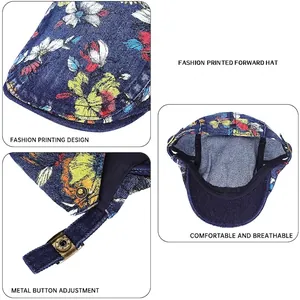 Coppola retrò in denim lavato con stampe floreali e fibbie metalliche regolabili
