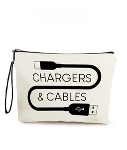 Detail view of canvas tech pouch with chargers and cables text and durable black zipper
