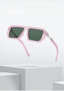 Detail of matte pink translucent square frame sunglasses with silver metal hinges