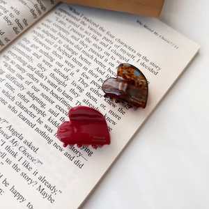Detail von roten und schildpattfarbenen Acetat-Haarklammern in Herzform auf einem Buch