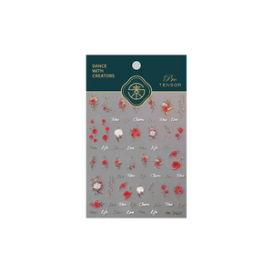 Stereoscopic embossed floral nail art stickers with red roses and gold lettering M-767