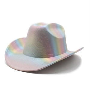 Detail of the holographic laser material on the rainbow cowboy hat with metallic shine