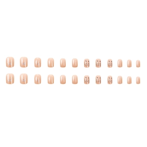 24pcs short square press-on nails in nude pink with glitter and cute cat art design
