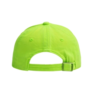 Detail view of neon green cotton baseball cap with adjustable metal buckle and stitching