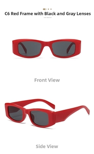 Detailed front and side views of chunky red rectangular sunglasses with dark lenses