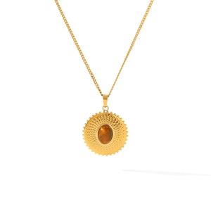 French vintage stainless steel gold necklace with round tiger eye stone pendant