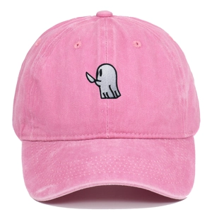 Close-up of pink washed cotton dad hat featuring detailed ghost with knife embroidery