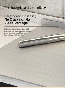 Close-up of brushed stainless steel cutting board with anti-bacterial metal texture