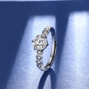 Close-up of S925 sterling silver ring featuring a unique hexagonal honeycomb band design
