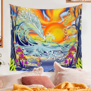 Vibrant tapestry with sun, waves and purple mushrooms displayed over a bed as wall decor