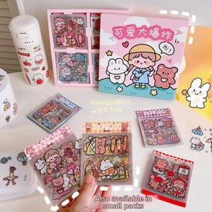 Pink gift box set with cute cartoon stickers featuring rabbit and bear patterns